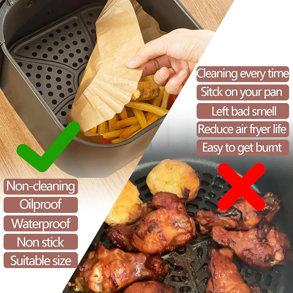 Papier de friteuse à air 100 pièces Papier de cuisson de friture à air jetable Rond Carré Friteuse à air Doublures Papier de cuisson Accessoires de friteuse à air 50 pièces