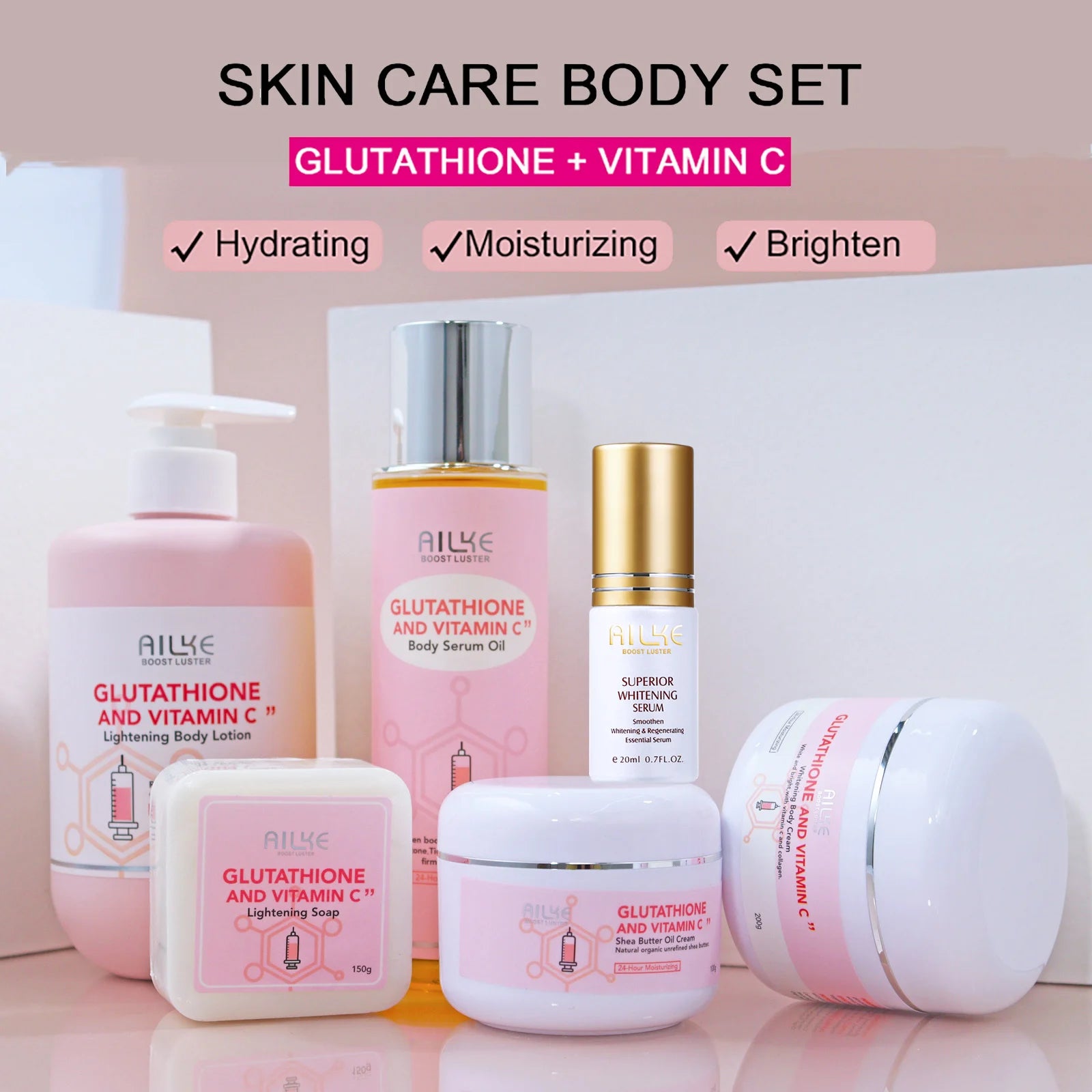 Kit de glutathion et de vitamine C AILKE, avec lotion éclaircissante, crème hydratante, savon éclaircissant, huile de spa, crème corporelle lumineuse