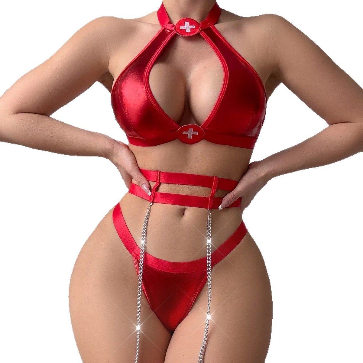 Costume d'Halloween tentation suspendue au cou, costume de jeu de rôle d'infirmière avec anneaux de jambe, lingerie amusante, ensemble de cinq pièces