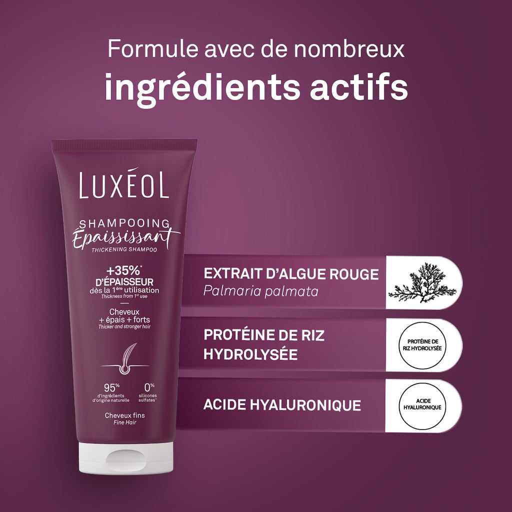 LUXÉOL - Shampooing épaississant - +35 % d’épaisseur dès la première utilisation* - Efficacité prouvée - avec des algues rouges, des protéines de riz et de l’acide hyaluronique - Sans silicone - Fabriqué en France - 200 ml