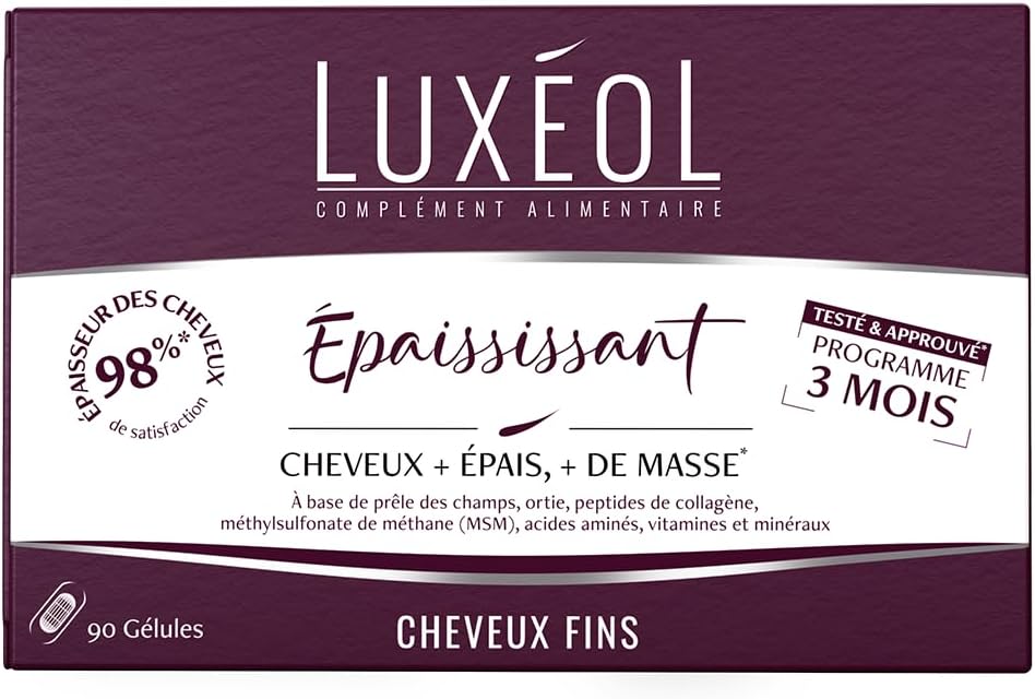 LUXEOL Thickening Food Supplement - Hair + Thick* - Herbal Peptides, Collagen Peptides, MSM, Amino Acids, Vitamins & Minerals - Made in France - 90 Capsules (= 90 Days)