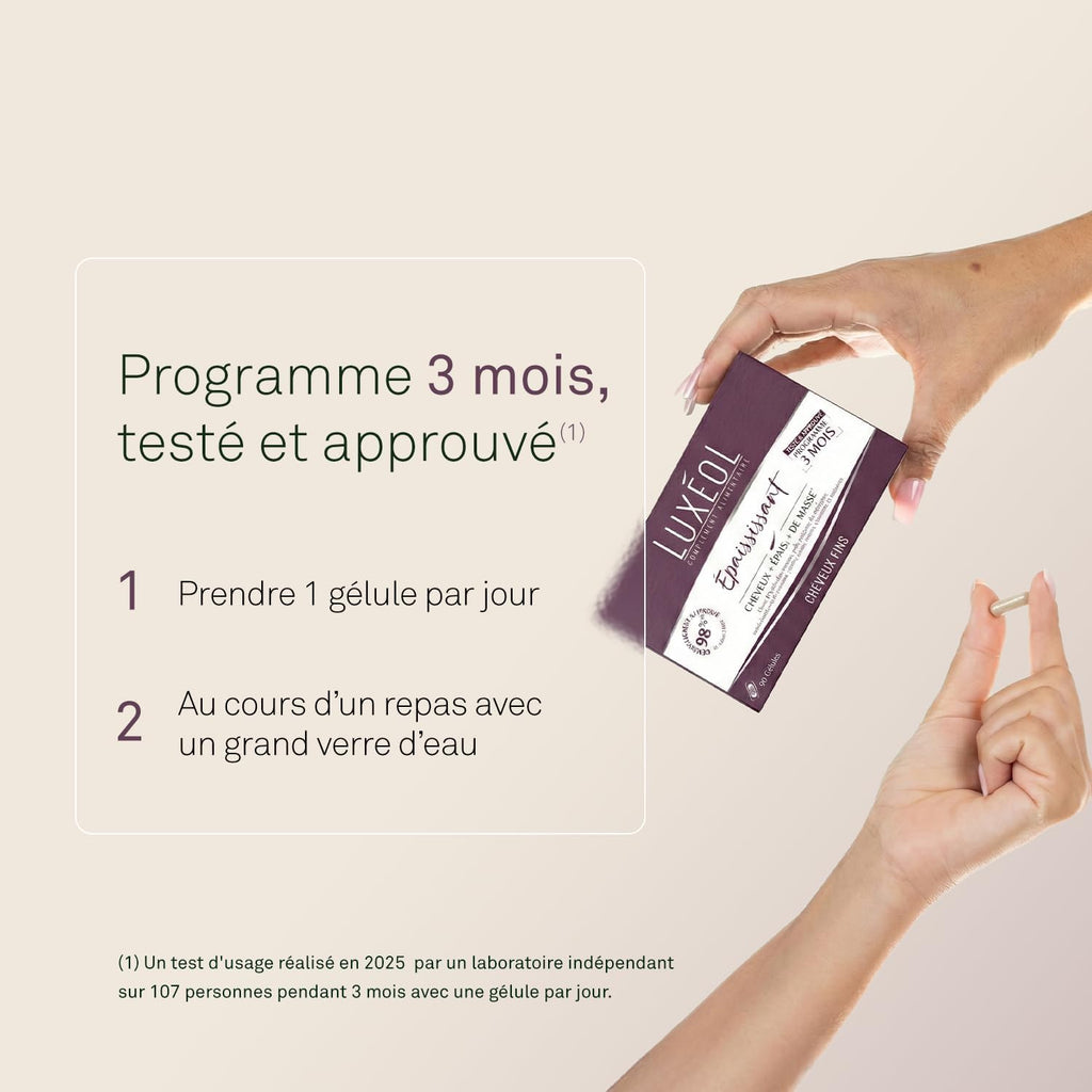 LUXEOL Thickening Food Supplement - Hair + Thick* - Herbal Peptides, Collagen Peptides, MSM, Amino Acids, Vitamins & Minerals - Made in France - 90 Capsules (= 90 Days)