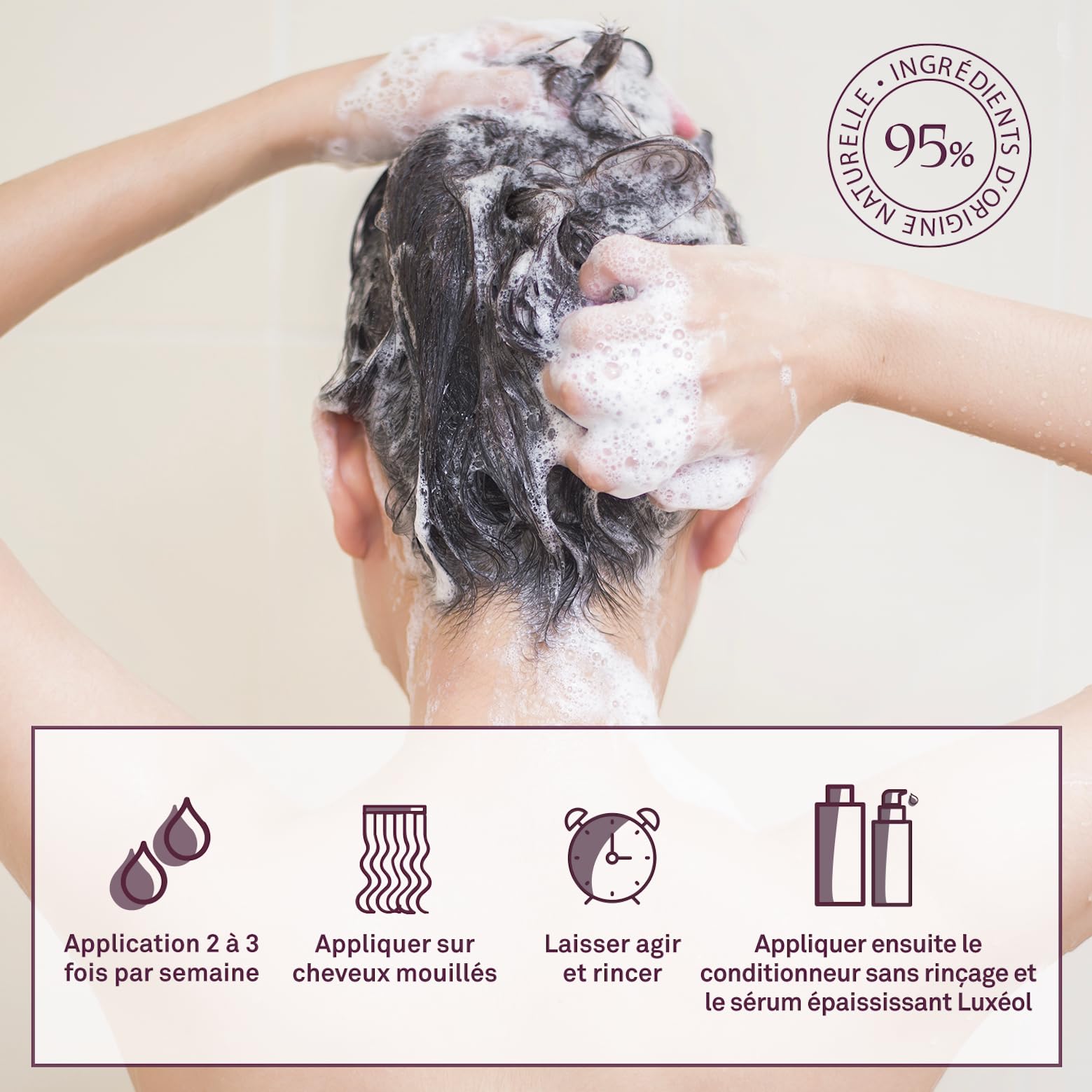 LUXÉOL - Shampooing épaississant - +35 % d’épaisseur dès la première utilisation* - Efficacité prouvée - avec des algues rouges, des protéines de riz et de l’acide hyaluronique - Sans silicone - Fabriqué en France - 200 ml