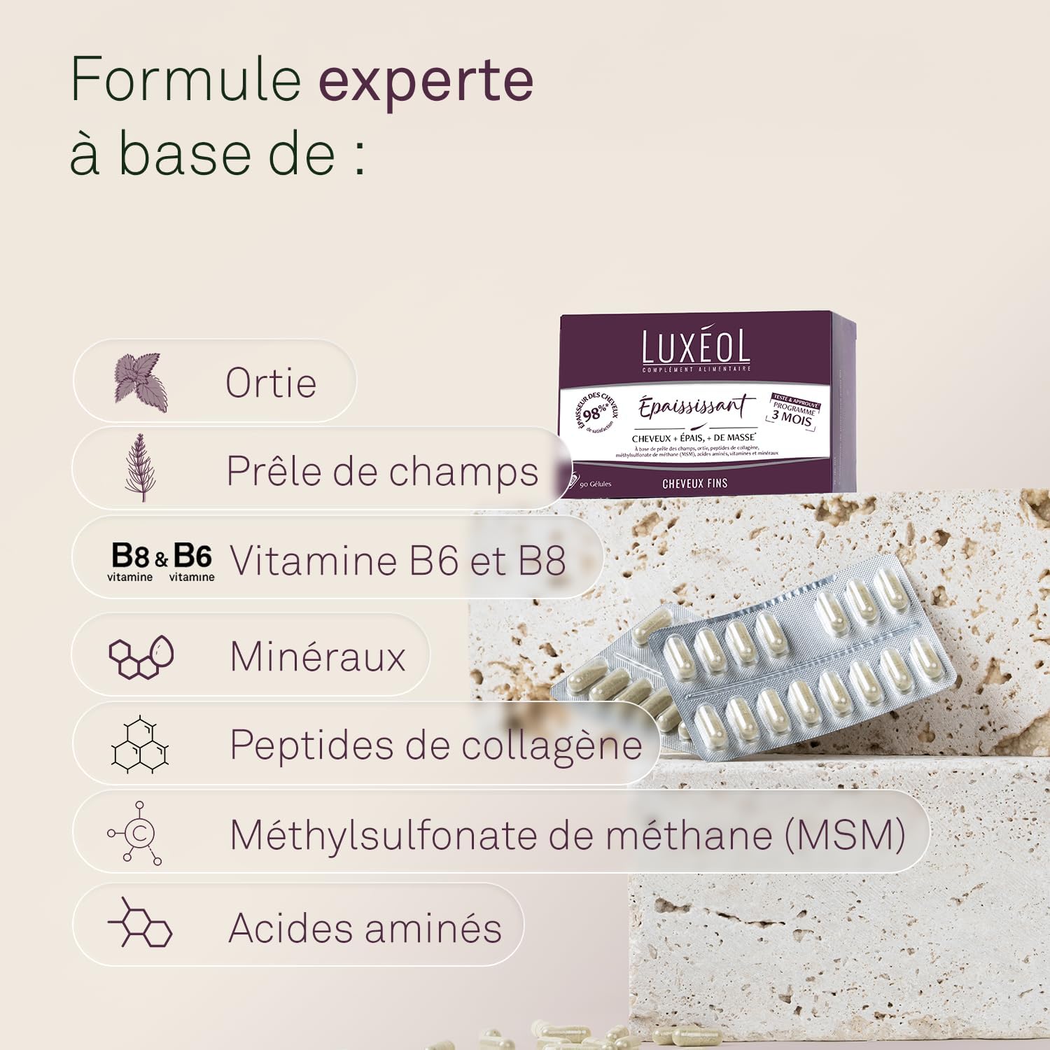 LUXEOL Thickening Food Supplement - Hair + Thick* - Herbal Peptides, Collagen Peptides, MSM, Amino Acids, Vitamins & Minerals - Made in France - 90 Capsules (= 90 Days)