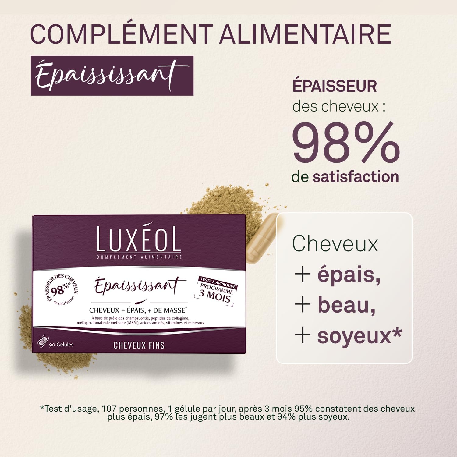 LUXEOL Thickening Food Supplement - Hair + Thick* - Herbal Peptides, Collagen Peptides, MSM, Amino Acids, Vitamins & Minerals - Made in France - 90 Capsules (= 90 Days)