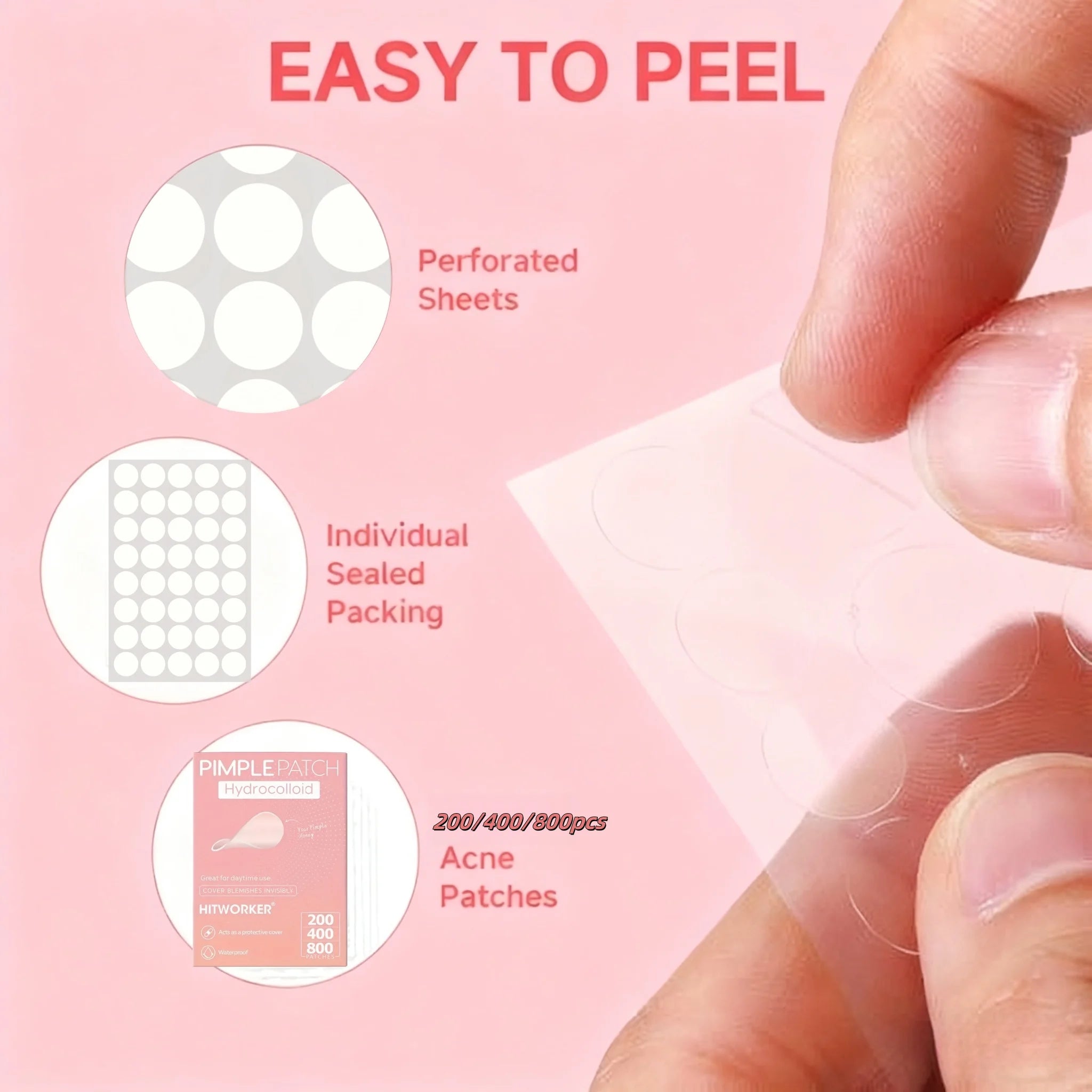 200/400/800 Pieces HITWORKER Hydrocolloid Acne Patches - Invisible, High-Quality Pimple Stickers with Salicylic Acid & Tea Tree