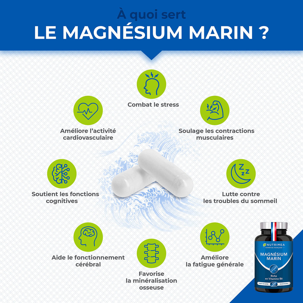 Marine Magnesium and Vitamin B6 | Patented Simag55 | Effectively Fights Fatigue | 150 mg/day | 120 Vegetable Capsules | 4 Month Cure | Made in France | Nutrimea