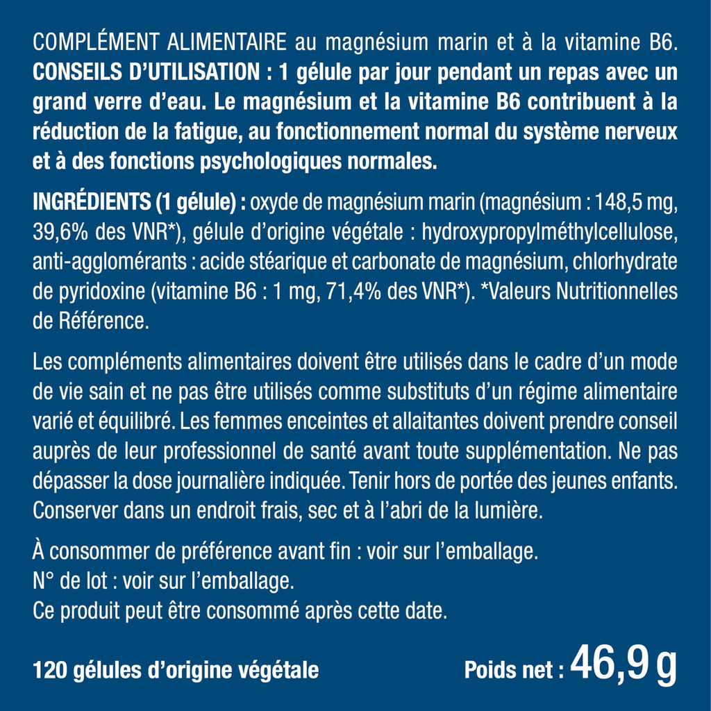 Marine Magnesium and Vitamin B6 | Patented Simag55 | Effectively Fights Fatigue | 150 mg/day | 120 Vegetable Capsules | 4 Month Cure | Made in France | Nutrimea