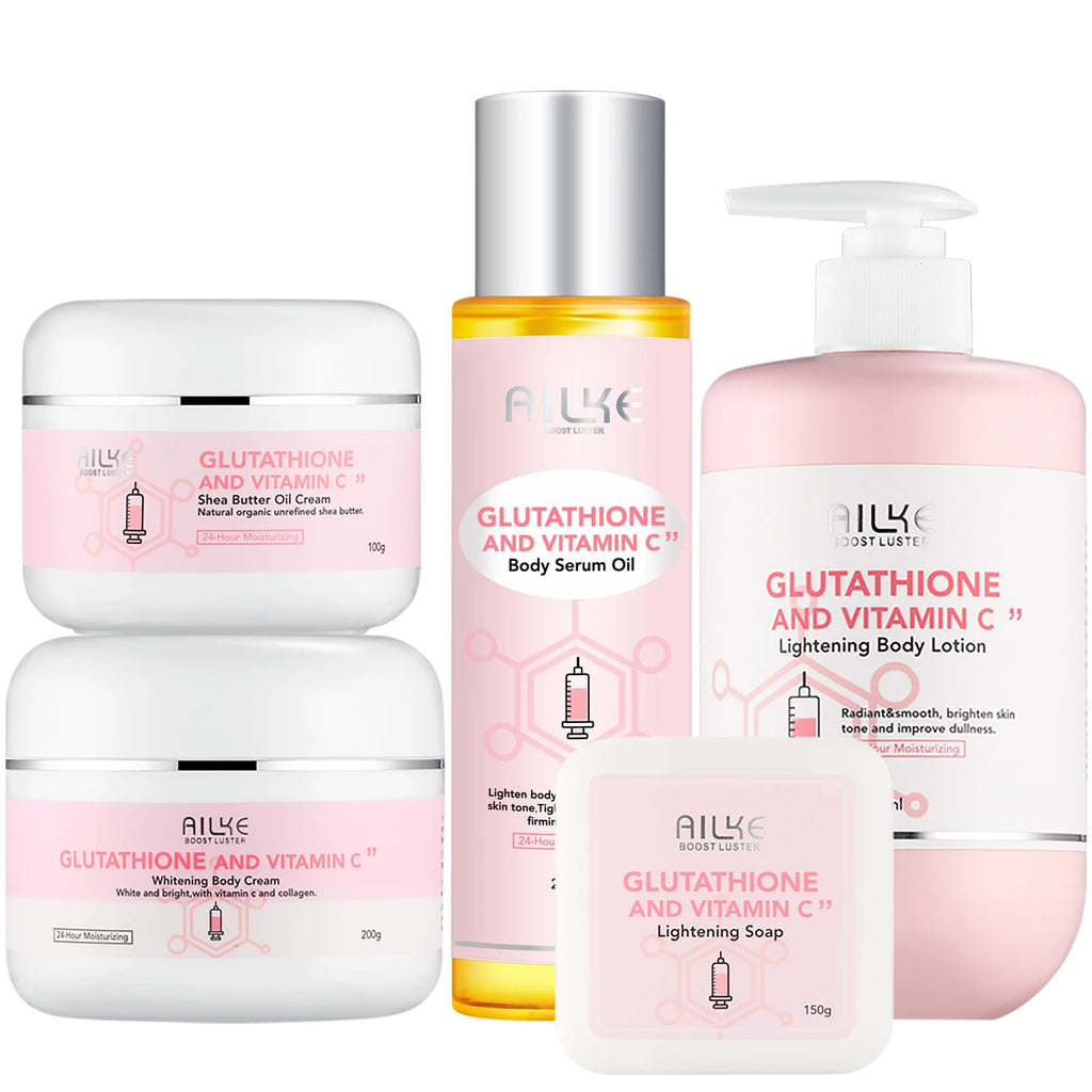 Kit de glutathion et de vitamine C AILKE, avec lotion éclaircissante, crème hydratante, savon éclaircissant, huile de spa, crème corporelle lumineuse