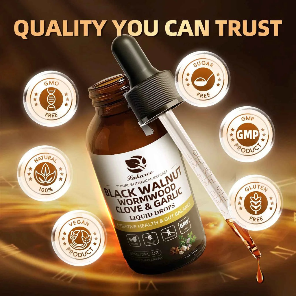 Lukaree Goutte de Noix Noire Noire 60ML avec Chiffon d'absinthe et ail Support la Digestion et la Santé Immune, Détoxifie l'Antioxydant corporel