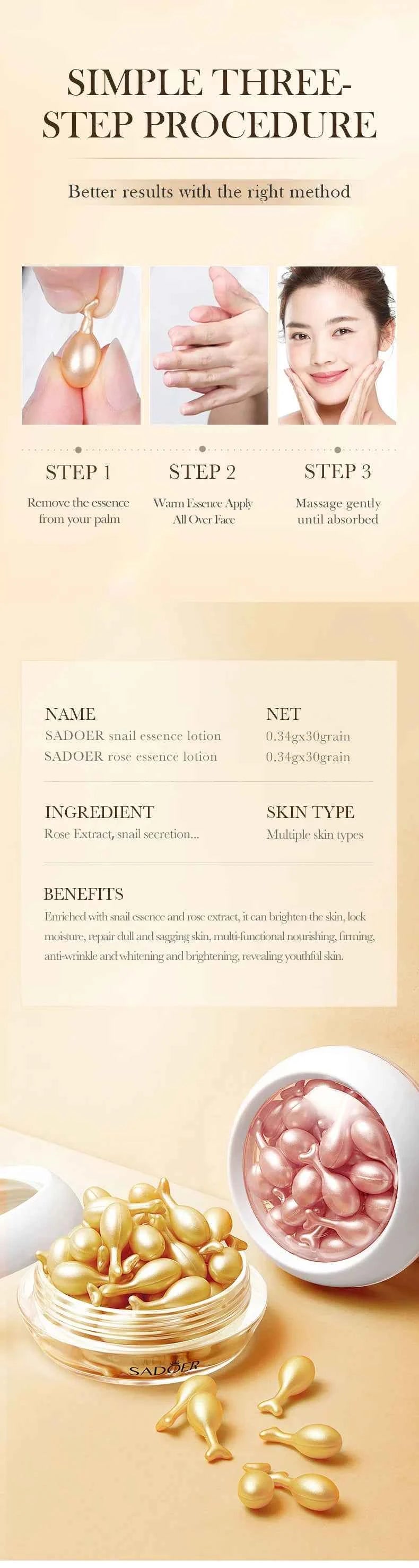 30pcs SADOER Rose Sanil Face Serum Anti Wrinkle Moisturizing Brightening Firming Facial Essence Beauty Face Skin Care Products