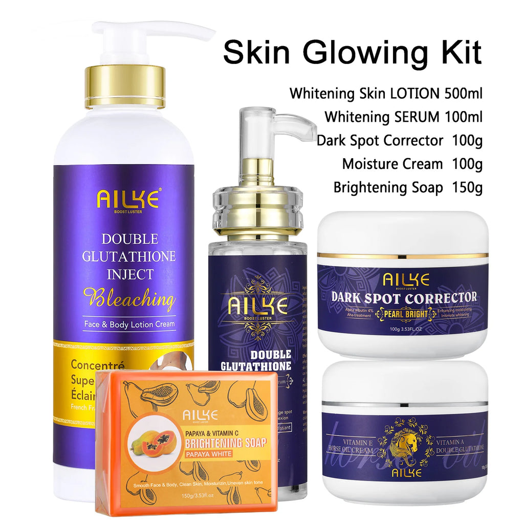 Kit de soins de la peau pour femmes AILKE Glutathione 5-en-1, avec lotion pour le corps, sérum, crème pour l’élimination des taches brunes, crème pour le corps, savon éclaircissant