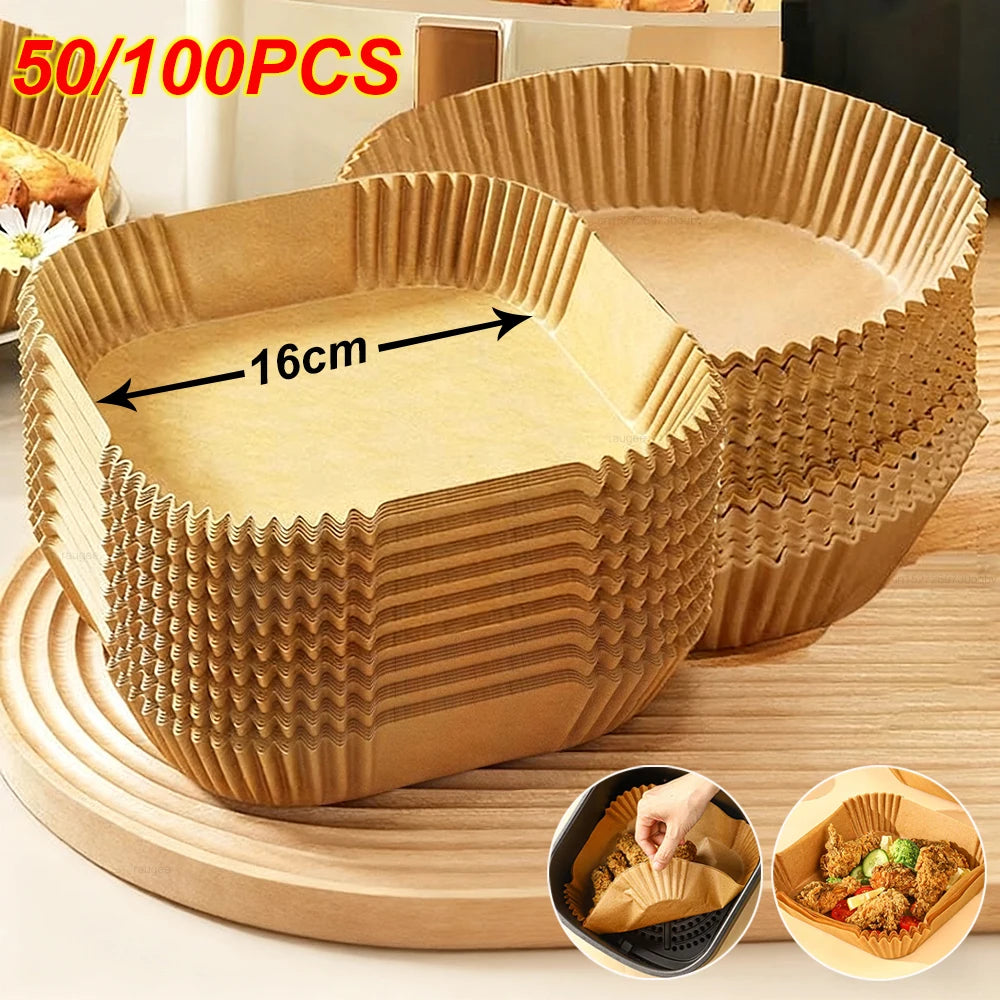 Papier de friteuse à air 100 pièces Papier de cuisson de friture à air jetable Rond Carré Friteuse à air Doublures Papier de cuisson Accessoires de friteuse à air 50 pièces