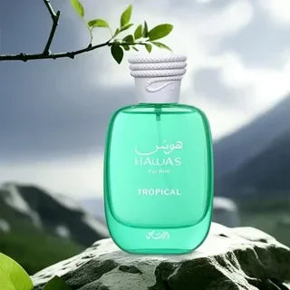 Eau de parfum tropicale Hawas | Bouteille en verre vert | 100 ml | Parfum frais à usage personnel