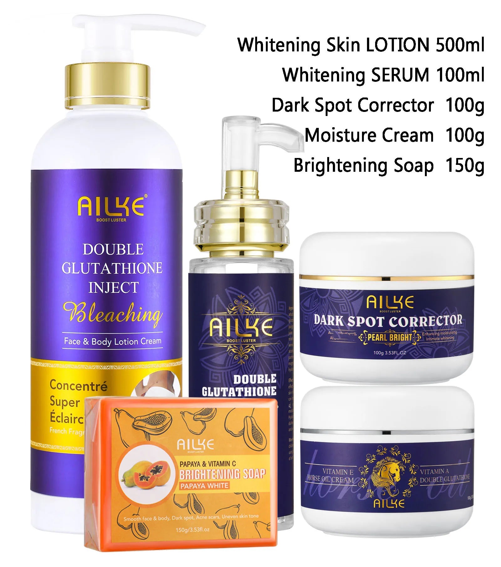 Kit de soins de la peau pour femmes AILKE Glutathione 5-en-1, avec lotion pour le corps, sérum, crème pour l’élimination des taches brunes, crème pour le corps, savon éclaircissant