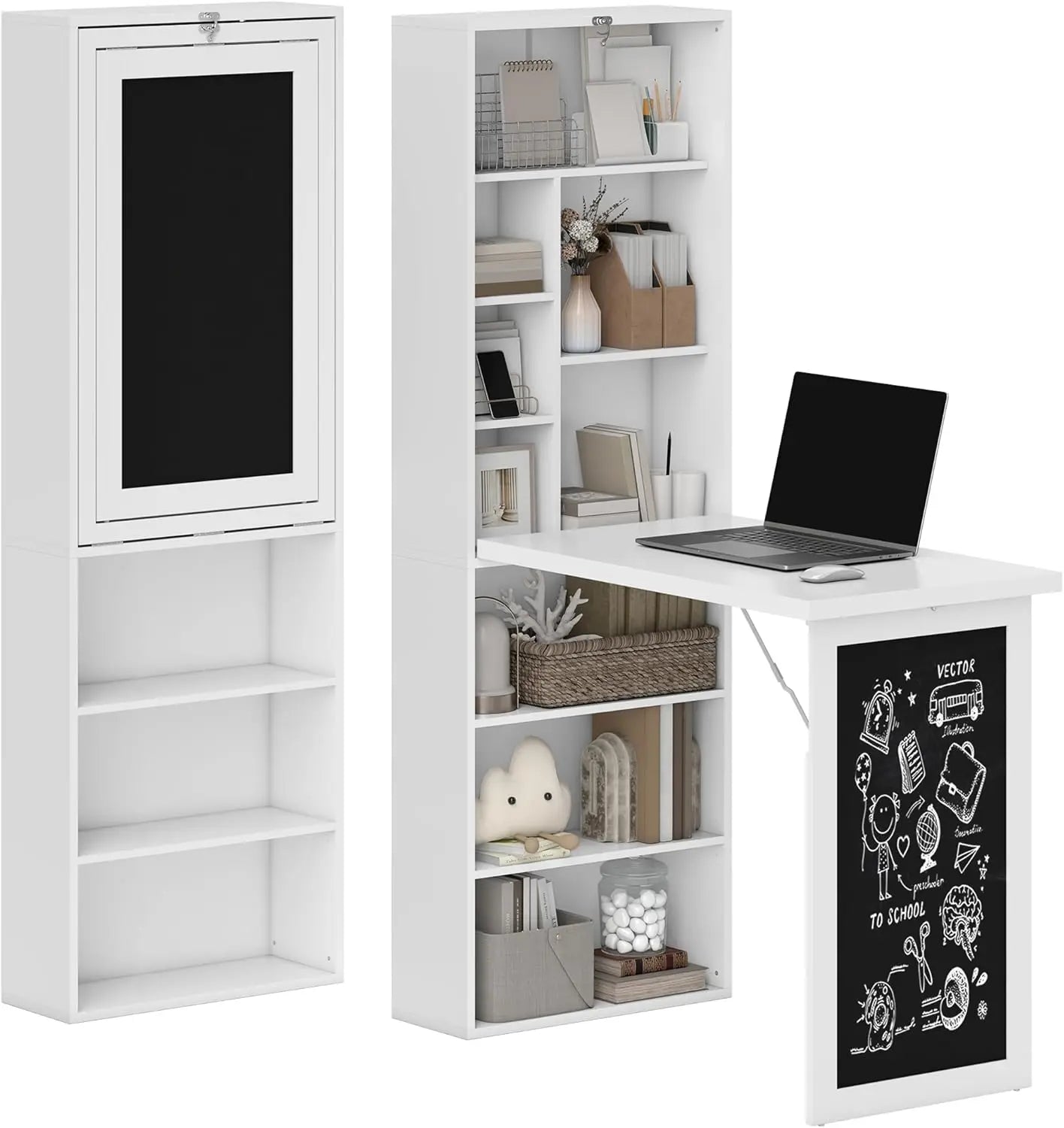 Bureau Informatique Pliable, Bureau avec bibliothèque, Poste de Travail, Tableau Noir, 9 Compartiments Ouverts et étagère ré